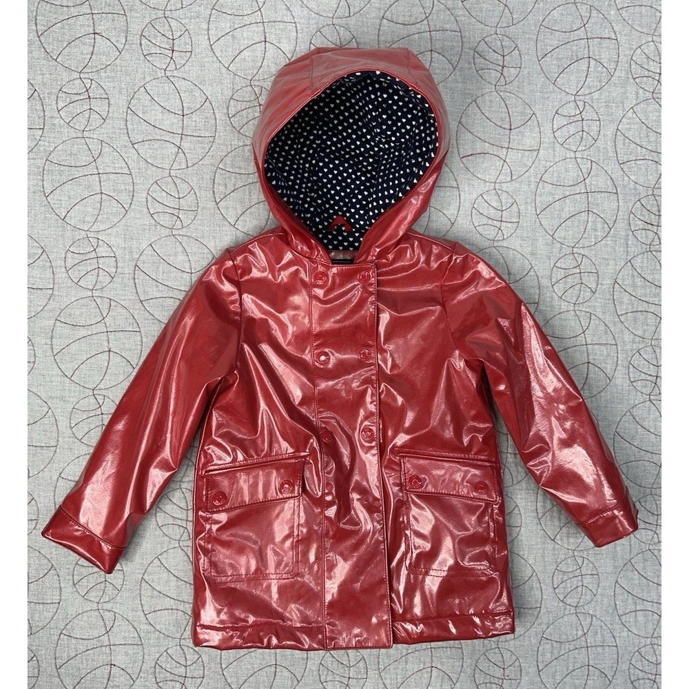 baby GAP Shine Red Rain Coat Navy Blue Polka Dot Lining /‎ Size 5 Years